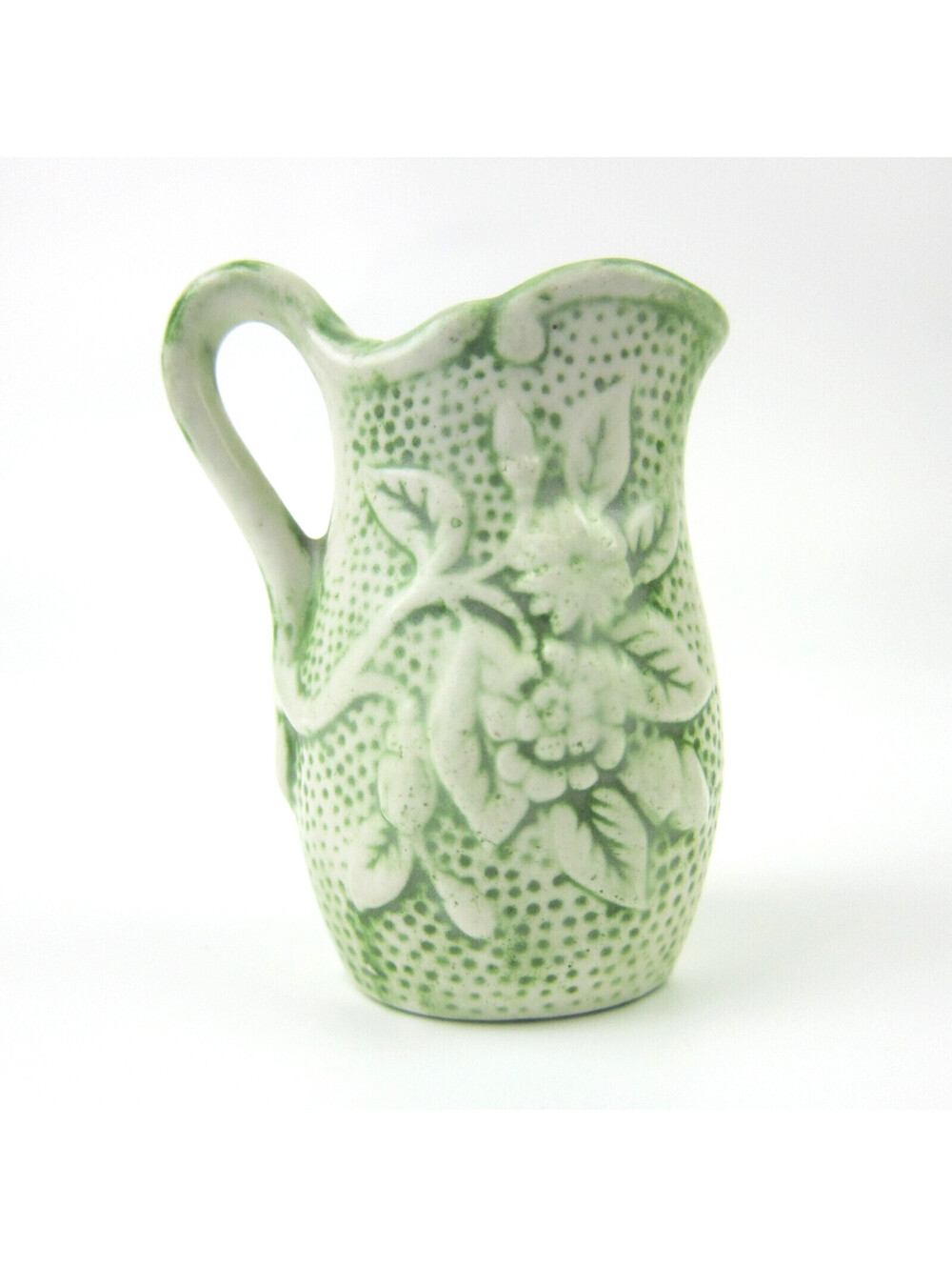Vintage Mini Porcelain Pitcher Jug Green Stipple & Flowers Dollhouse Miniature